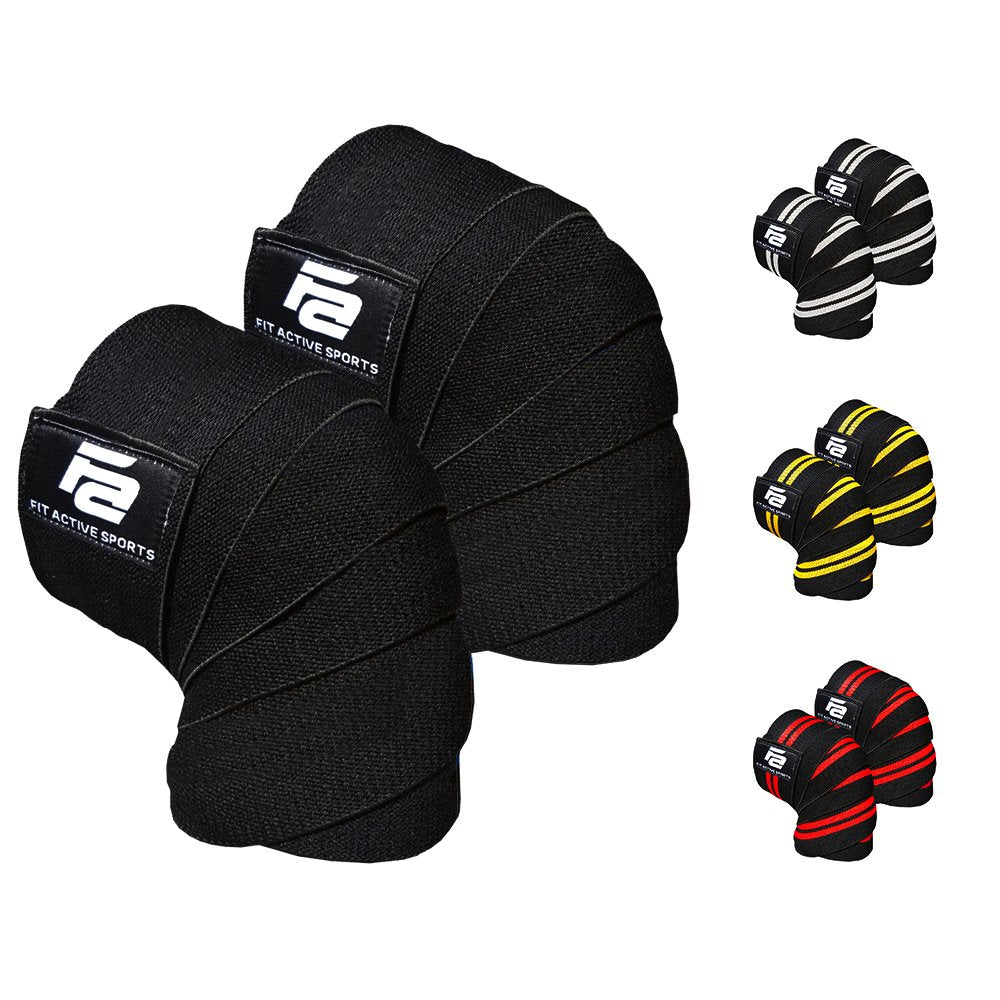 Fit Active Sports Knee Wraps for Weightlifting – 72” Elastic Knee Support Straps with Non-Slip Hook & Loop Closure – Knee Protection for Squats, Powerlifting, Cross Training – 1 Pair