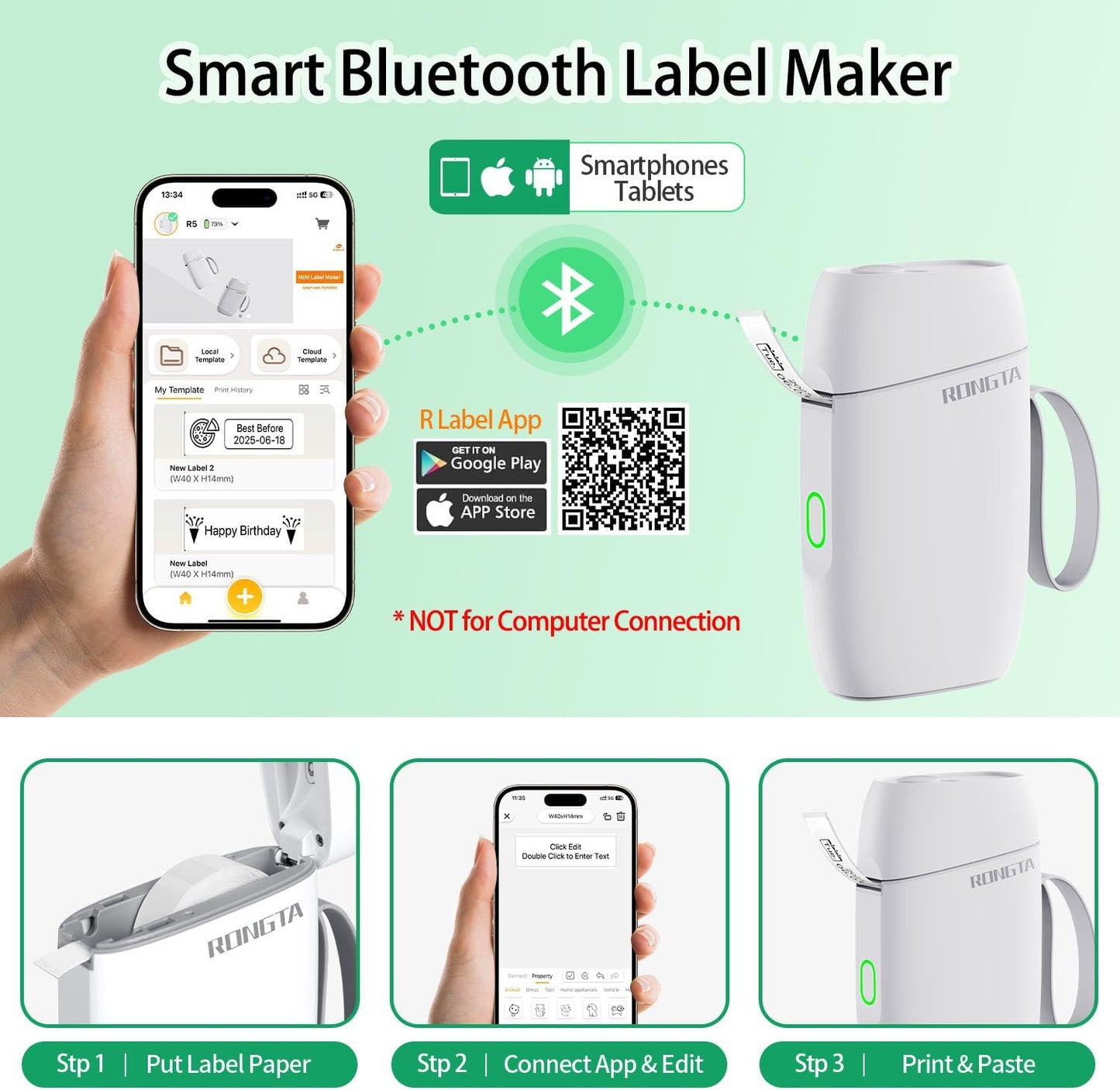 Rongta Label Maker Machine with Tape, Bluetooth Label Printer, Wireless Mini Label Makers with Multiple Templates for Organizing Office Home, (White)