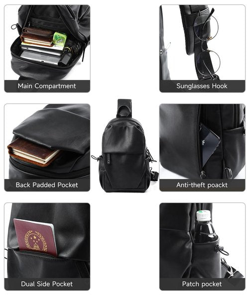 MOYYI PU Leather Sling Bag for Men Crossbody Side Bag Man Backpack Black Small for Hiking Travel