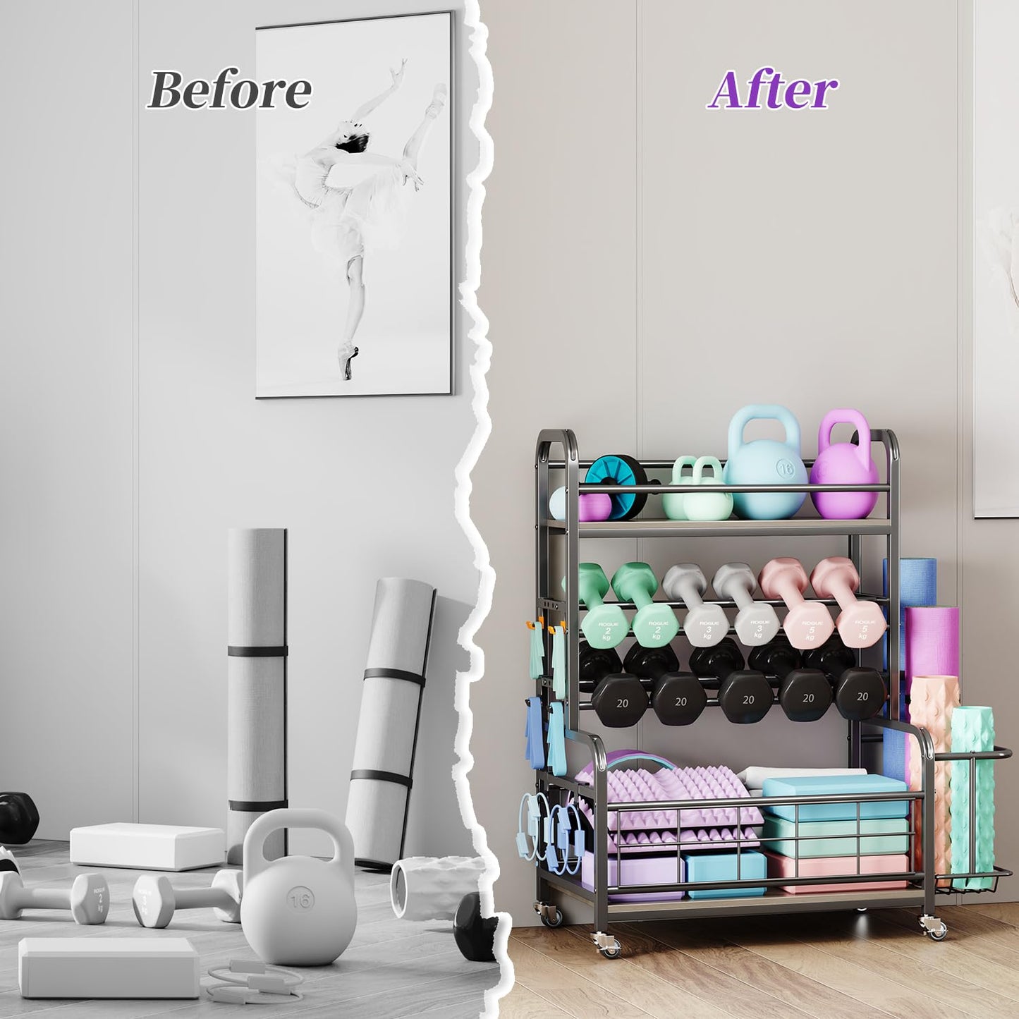 Homeiju Dumbbell Rack,Weight Rack for Home Gym, Home Gym Storage for Dumbbells Kettlebells Yoga Mat and Strength Training Equipment,Weight Storage Rack for Dumbbells with Wheels&Hooks(Grey)