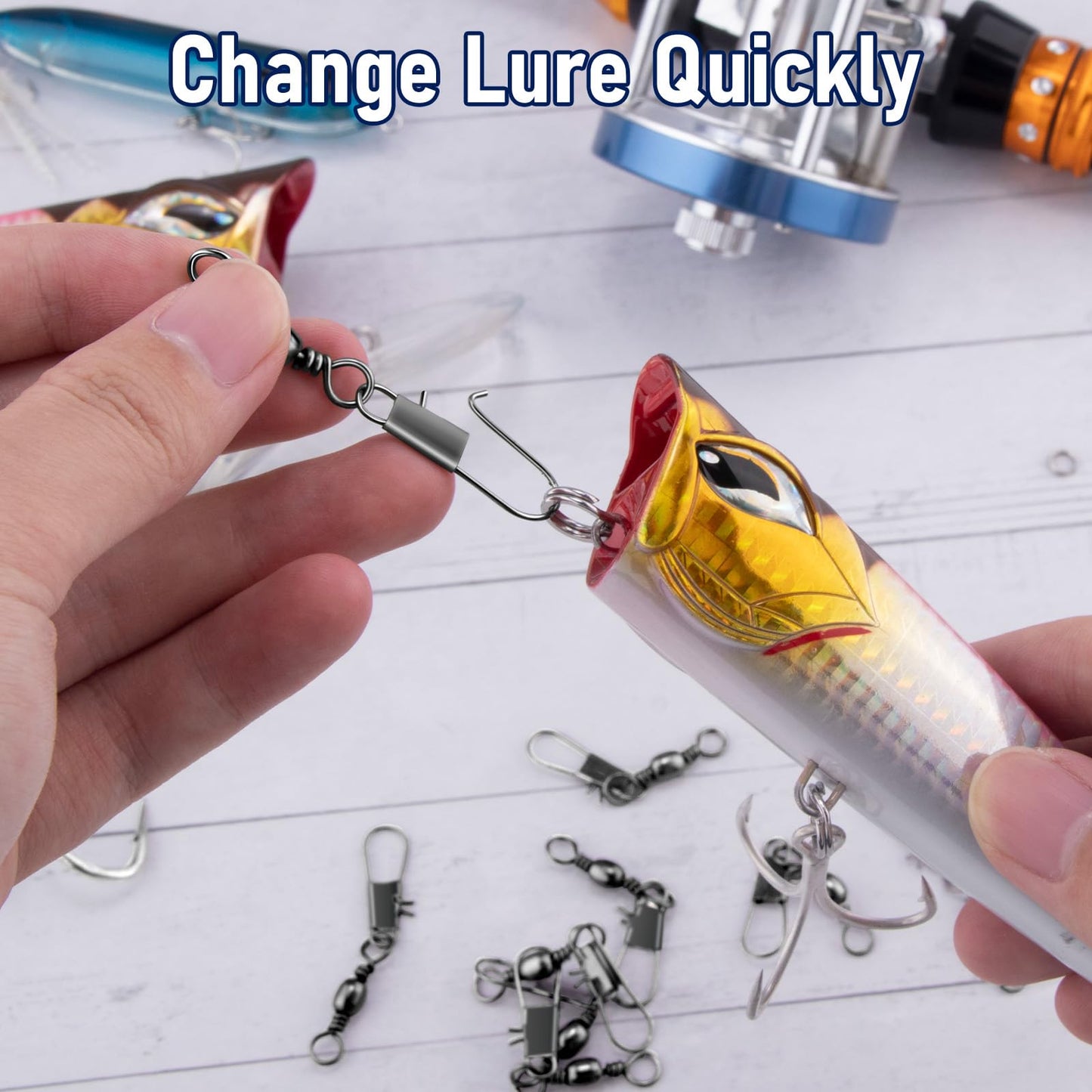 Alwonder 100-Pack Fishing Barrel Swivels with Snaps, Fishing Snap Swivels Fishing Tackle Stainless Safty Interlock Fishing Snaps Lure Hook Connector Clips Freshwater #14