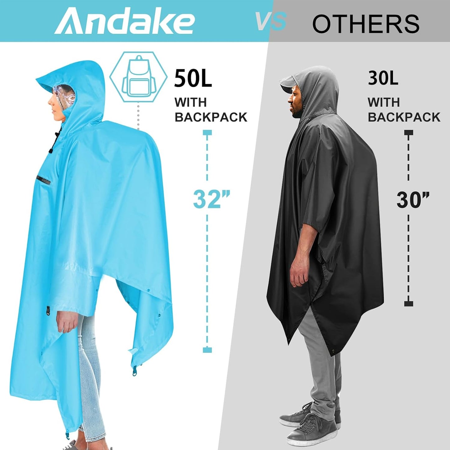 Andake Waterproof Rain Poncho for Adults Unisex,230T Ripstop Polyester,Raincoat Gear with Transparent Viewing Window Outdoors