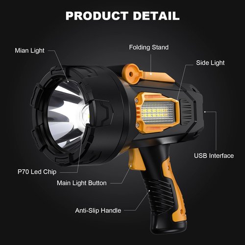 MIXILIN Rechargeable Spotlight 90,000 Lumens, Super Bright LED Spotlight Flashlight Outdoor with COB Light & Foldable Tripod, 10000ɱAh Long Lasting Large Handheld Spot Light for Boating Camping