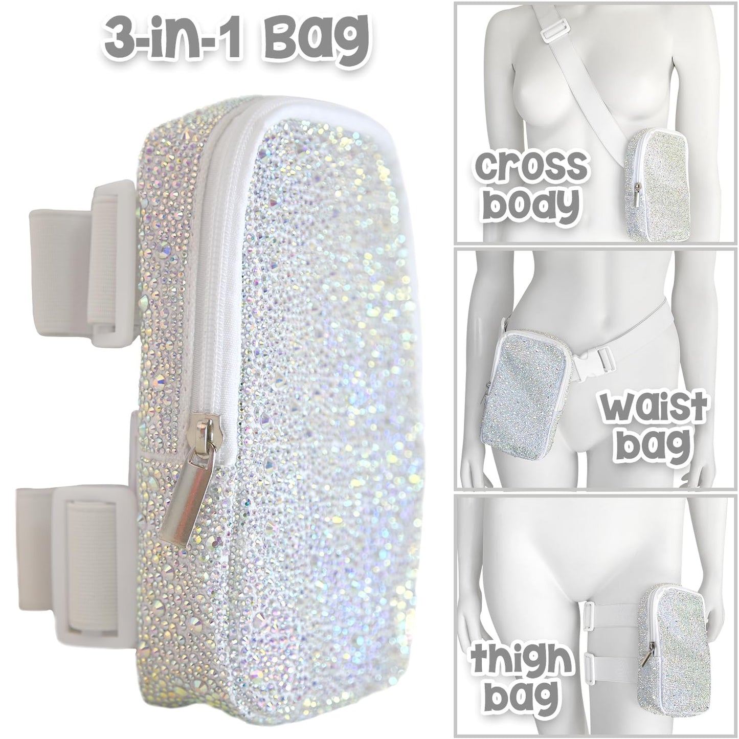 3-IN-1 Thigh Bag Fanny Pack Crossbody Bag | Rhinestone Carnival Leg Harness for Women | Bling Waist Bag | Rave Leg Pack
