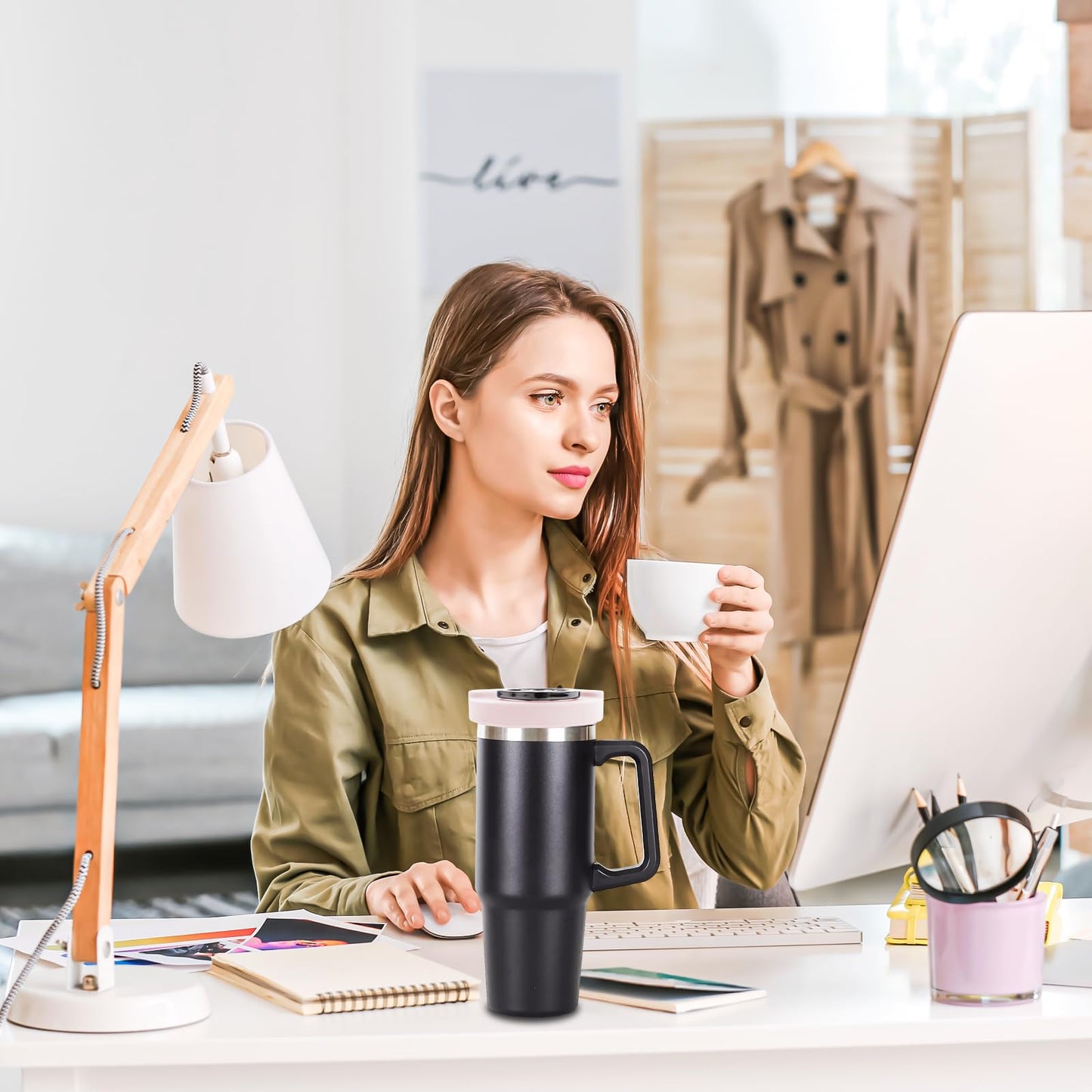 Jemey Tumbler Phone Holder for Stanley Cup 40oz - Silicone Lid with Straw & Magnetic Phone Mount, Rotatable MagSafe Stand for iPhone, Universal Water Bottle Cellphone Holder (Fits Quencher Series)