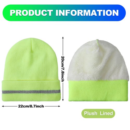 Suhine 4 Pack Men Hi Vis Winter Hats Fleece Lined Hi Vis Beanies with Reflective Stripes Fluorescent Thermal Hats for Outdoor(Neon Yellow)