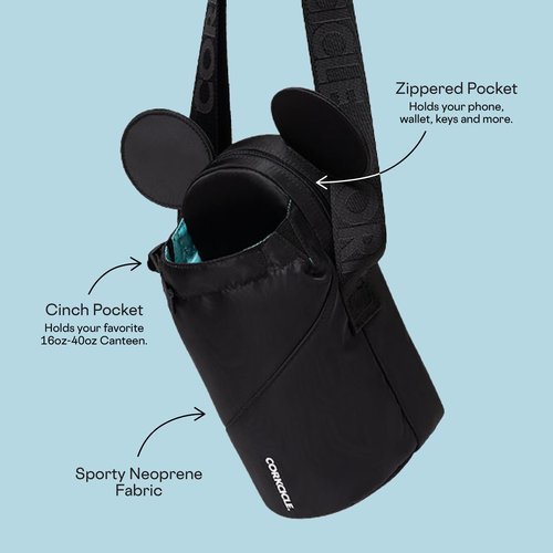 Corkcicle Crossbody Water Bottle Sling Bag - Adjustable Strap - Padded Interior Pocket - Fits 16 oz to 40 oz Tumblers - Summer Drinkware Gift - Black Minnie Mouse Ears