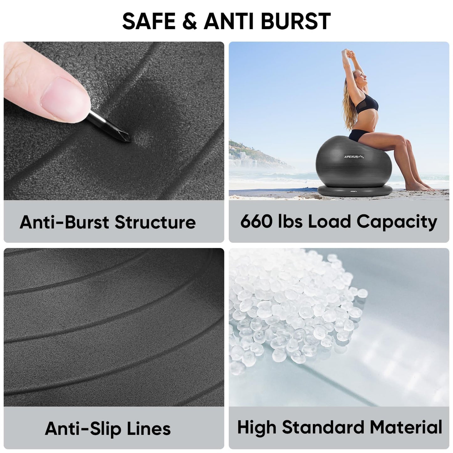 APEXUP Yoga Ball Chair, Exercise Ball Chair with Base for Office, Anti Slip Stability Ball Fitness Ball Seat, Home Gym Workout Ball, Balance Ball with Pump (Black, L)