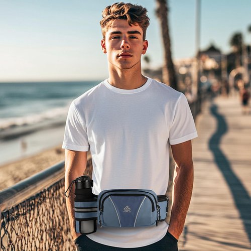 HTZPLOO Fanny Pack for Men Women Waist Bag with Water Bottle Holder for Hiking, Travel,Dog Walking, Workout (Dark Blue)