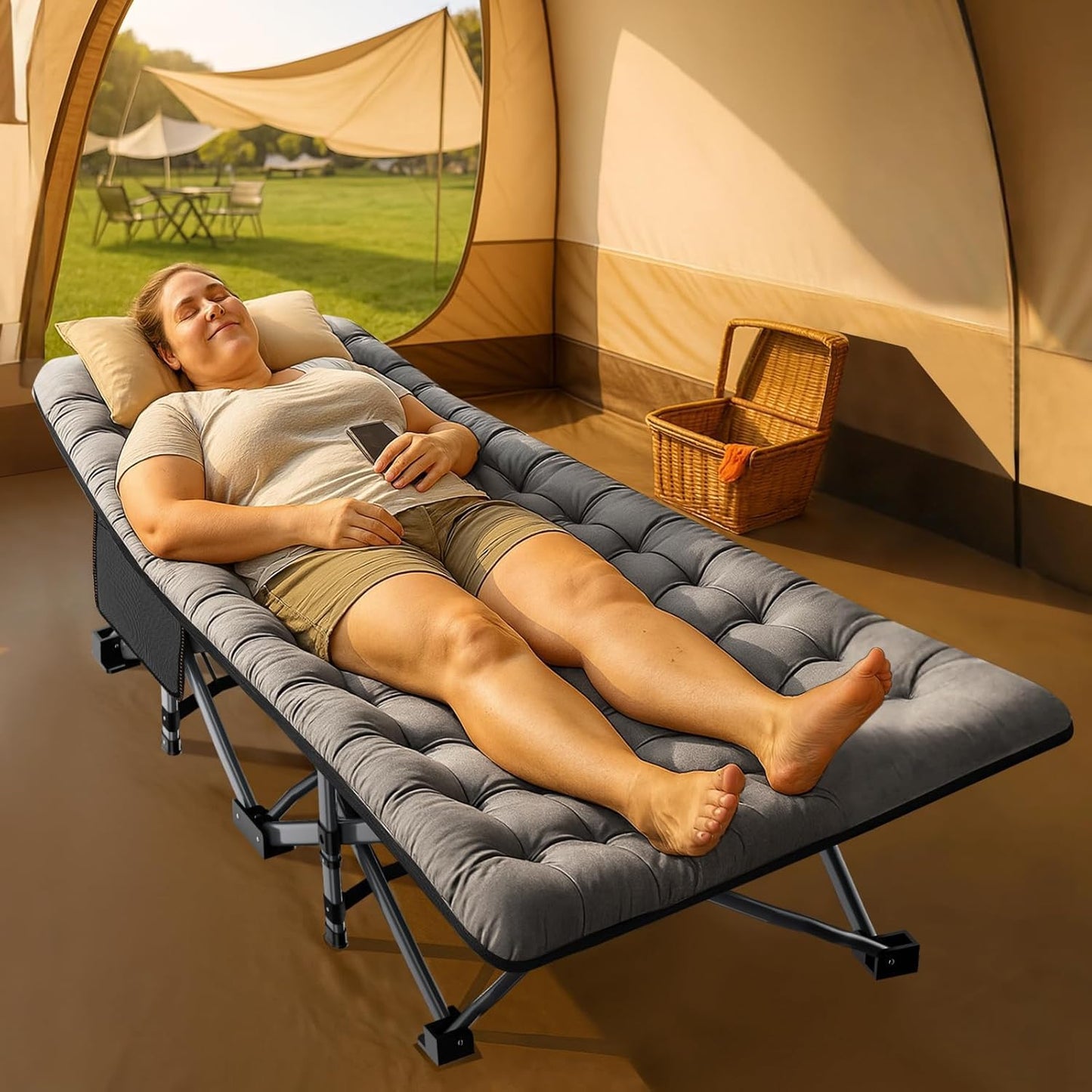 ABORON Oversized XXL Folding Camping Cot W/Mat for Adults, 78" L x 32" W x 18" H Heavy Duty Outdoor Bed with Carry Bag,1200 D Layer Oxford Travel Camp Cots