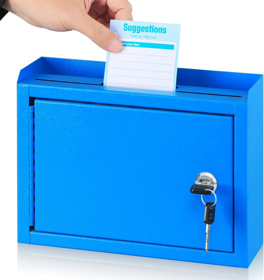 KYODOLED Suggestion Box with Lock and Slot, Small Locking Mailbox for Office, Wall Mount Safe Money/Key Drop Box with 50 Free Suggestion Cards, 9.8" W x 3" D x 7" H, Black