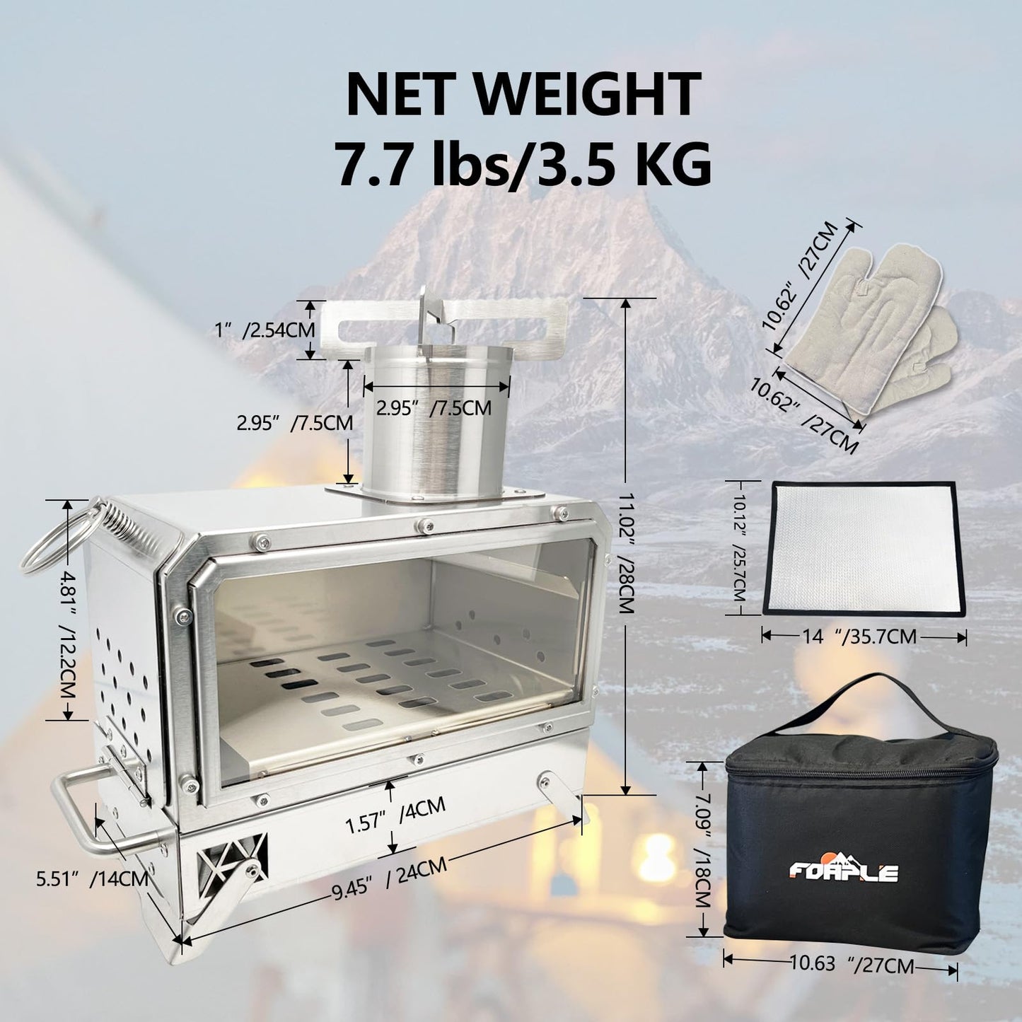 FOAPLE Outdoor Portable Wood Burning Stove，Mini Camp Oven, Camping Stove portable for Cooking, Stainless Steel Wood Burning Stove with Bag, Heat Insulation Pad, Gloves, Wood Stove for Hiking BBQ