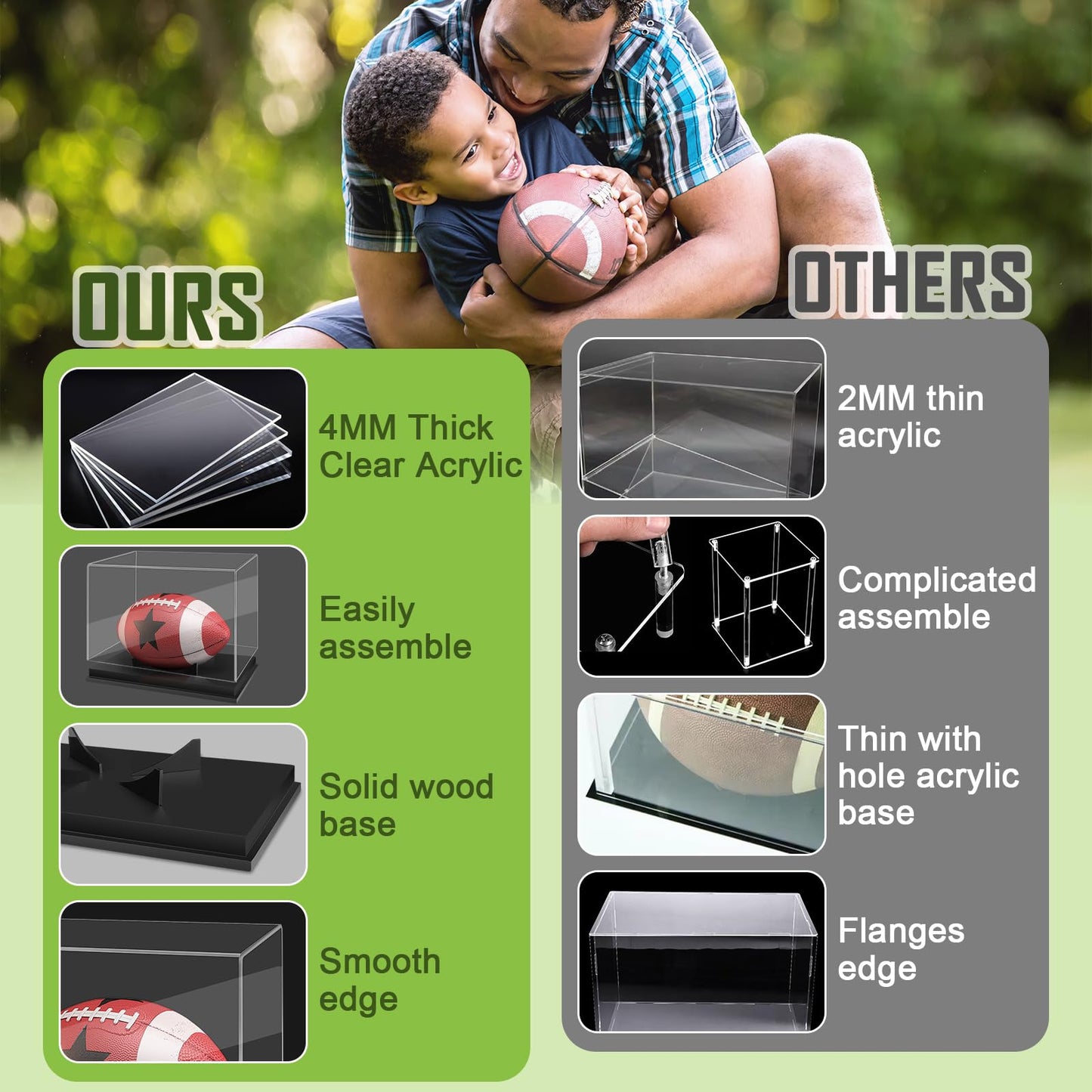 Football Display Case Full Size，Memorabilia Display Box Cases for Football or Memorial Sports Gloves，Acrylic Clear Box with Wood Stand Solid Base