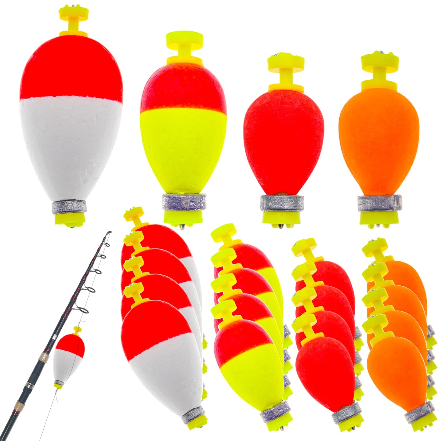 Gefischtter 16pcs Fishing Bobbers Weighted Floats Set Foam Snap on Float Weighted Bobbers Fishing Push Button Snap-on Bobbers Assortment