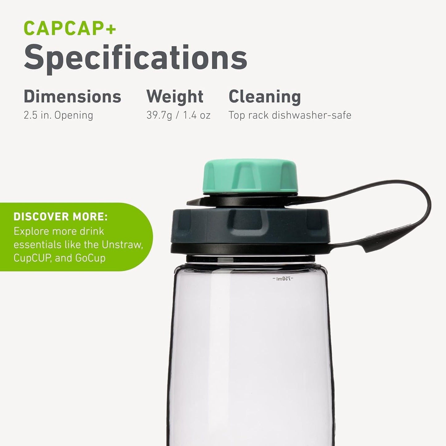 humangear capCAP+ | Converts Wide-Mouth Openings | Secure Easy Open | Food-Safe Material | Water Bottle Accessory Lid