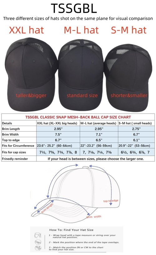 TSSGBL Small Size Snapback Mesh Baseball Trucker Hat Basic No-Logo Plain Blank Adjustable Summer Work Ball Cap for Women Men Black