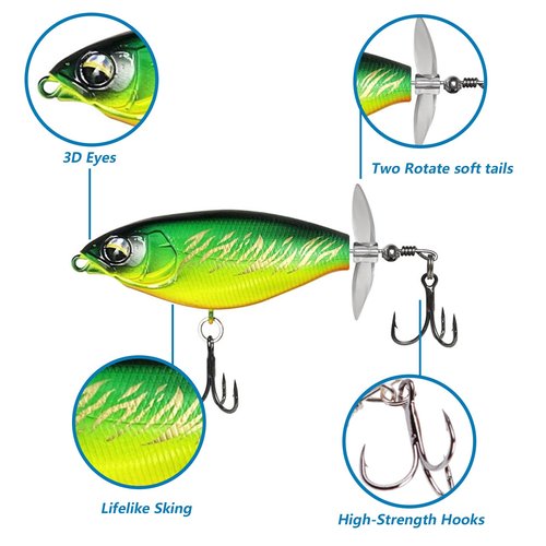 RTGSE 5Pcs Whopper Fishing Lure for Bass Popper Topwater Fishing Lures with Two Propeller Blade Floating Rotating Tail Barb Treble Hooks in Freshwater Plopping Lures
