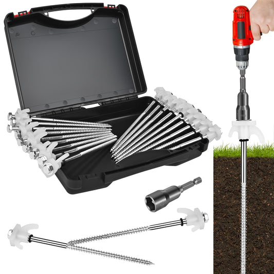 12 Pack Tent Stakes Heavy Duty 8 Inch Ground Anchor Screw Camping Stakes with Luminous Head Metal Threaded Tent Pegs, Includes Hex Head Driver and Storage Box