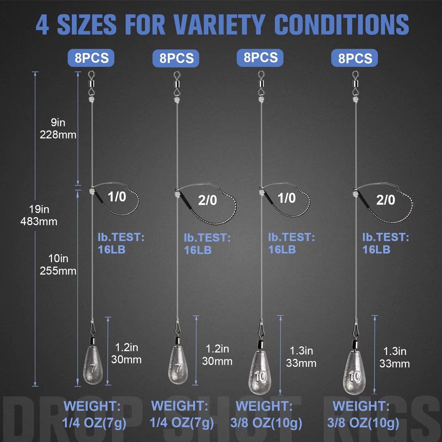 8PCS Ready Tied Drop Shot Rigs for Bass Fishing Drop Shot Hooks Fishing Rig with Drop Shot Weights 1/4OZ Swivel Fluorocarbon Fishing Line Weedless Hooks 1/0