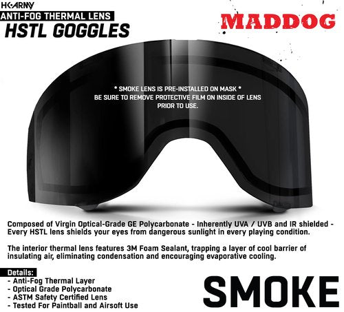 Maddog HK Army HSTL Paintball Airsoft Mask Goggle System | Replaceable Thermal Dual-Pane Anti Fog Lens | Adjustable Full-Face Safety Certified Protection - Black with Smoke Lens