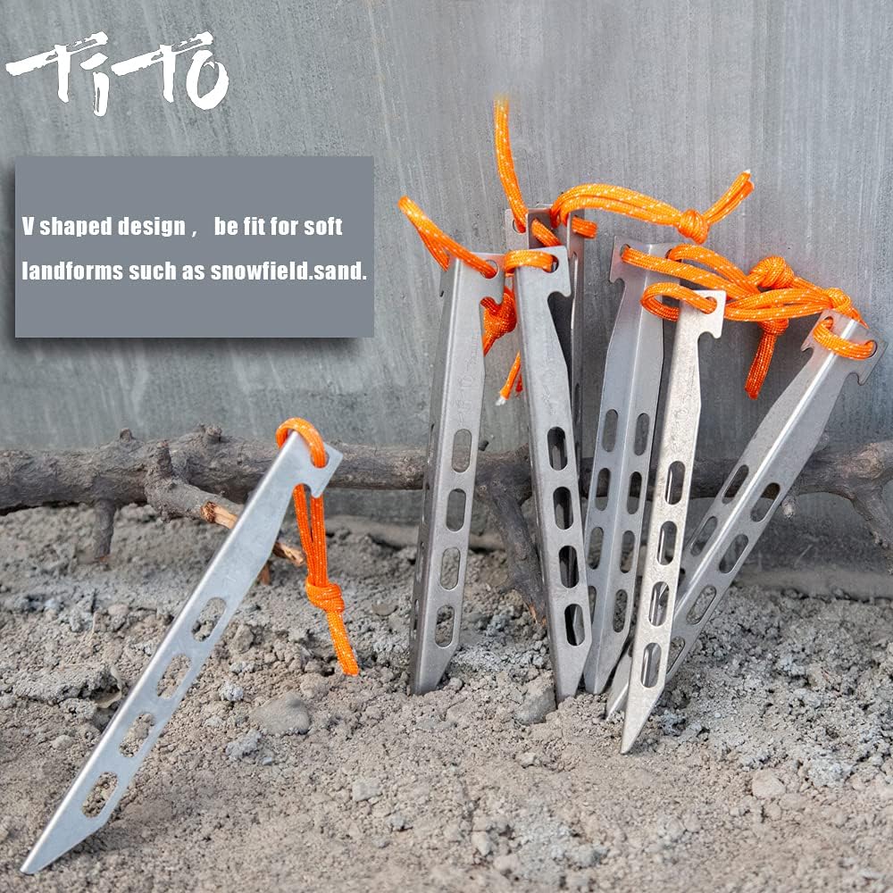 TiTo 6 Pack Titanium Tent Stakes 10X10X160mm V-Shaped Windproof Tent Nail Pegs with Carrying Pouch for Camping, Hiking, Gardening and Canopy (Silver,10X160mm)