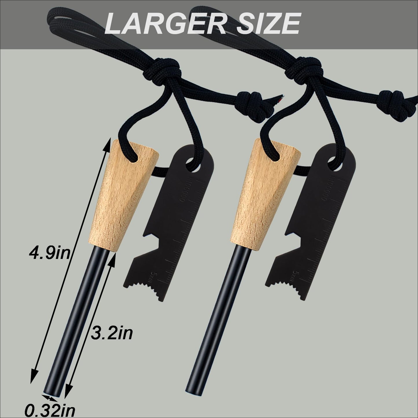 Fire Starter, Traditional Magnesium Ferro Rod, 20,000+ Strikes, Beech Handle, Survival Igniter with Neck Waxed Fire Tinder Paracord (28inch) & 6-in-1 Multi-Tool Striker-2 Packs