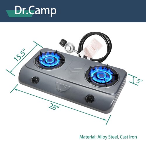 Dr.Camp 35000 BTU 2 Burner Propane Gas Stove Cooktop Outdoor Camping Stove Portable Double Burner for BBQ Boiling Frying Cooking Estufa de Gas Portátil Fogón de Gas