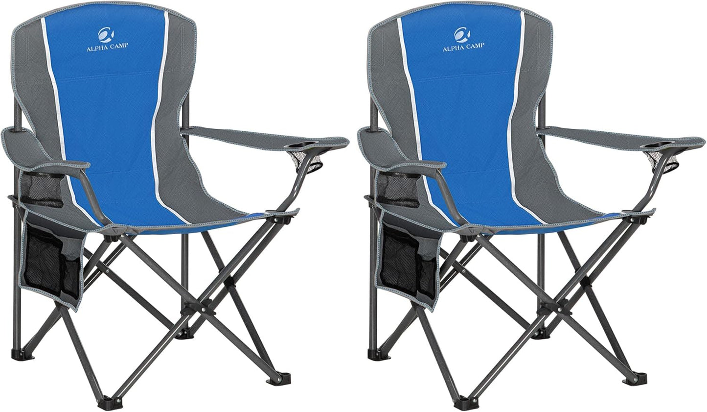 ALPHA CAMP Oversized Camping Folding Chair - Heavy Duty Steel Frame Support 350 LBS, Collapsible Padded Arm With Cup Holder, Quad Lumbar Back, Portable for Outdoor/Indoor