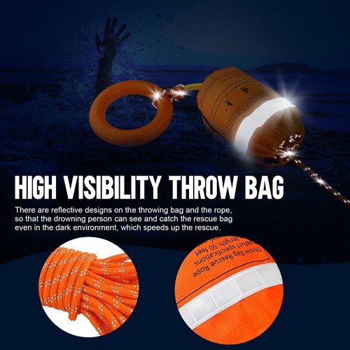 Water Rescue Throw Bag with 50FT Rope in 3/10In, Throwable Floating Device Tensile Strength Rated to 1844lbs with Reflective Strap, Emergency Safety Equipment for Kayaking, Boating, Fishing, Rafting