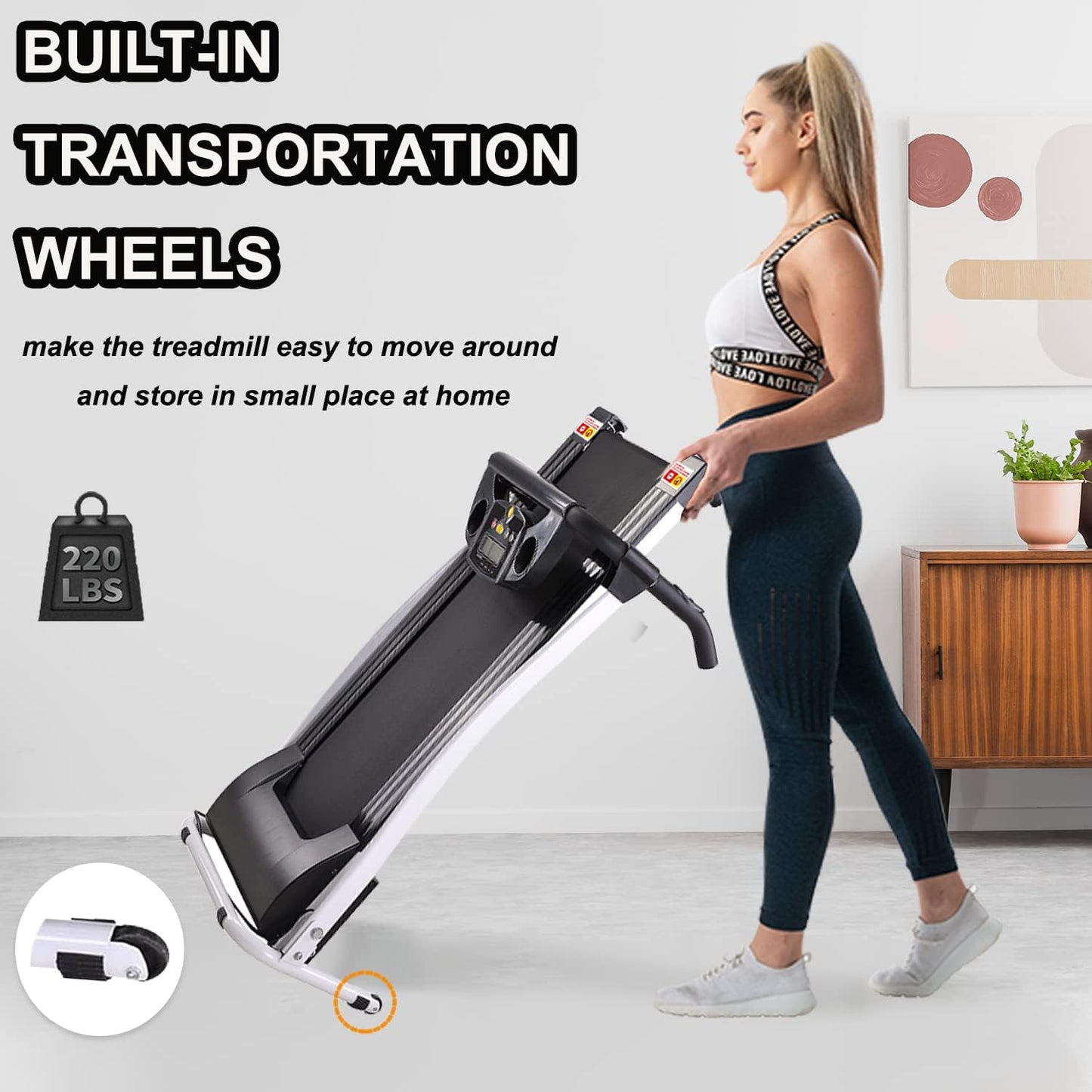 Foldable Treadmill for Home, Portable Electric Treadmill Running Machine with LCD Display and Wheels, Lightweight Compact Treadmill for Home Office Running Jogging Walking Exercise, White