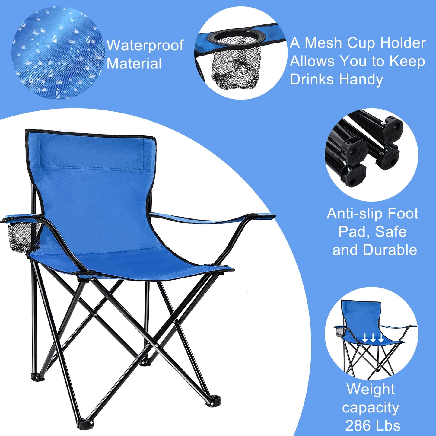FairySandy 4 Pack Folding Camping Chairs with Carrying Bag Portable Lightweight Foldable Lawn Camp Beach Sports Chairs(19.7 x 19.7 x 31.5 Inch,Blue)