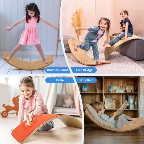 edutree Wooden Wobble Balance Board for Kids, 35 Inch Balance Beam Rocker Board for Toddlers Adults, Montessori Waldorf Learning Toys for Yoga Exercise