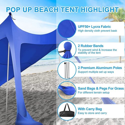 YUEWO Beach Canopy Sun Shade with UPF 50+ UV Protection, Beach Tent Sun Shelter with Sandbags, Poles and Ground Pegs, Anti-Wind Ropes, Outdoor Pop Up Tent for Camping, Backyard and Picnics