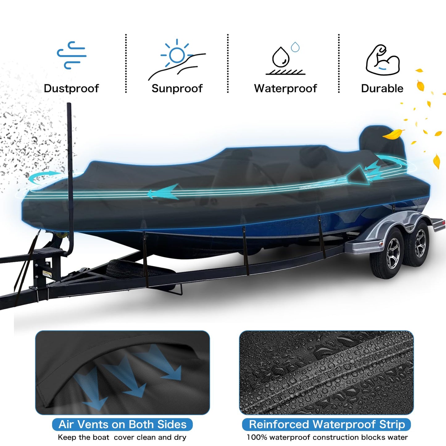 Solim Waterproof 1200D PU Boat Cover with Motor Cover, Heavy Duty Marine Grade Trailerable Polyester Canvas, Fits 20-22ft V-Hull, Runabout, Fishing, Ski Boat with Straps, Black