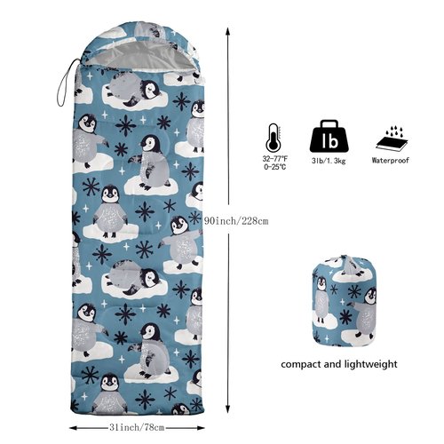 Datura home Kids Sleeping Bag for Boys Girls,Snow Penguin Print-Lightweight Warm Portable Outdoor Indoor-Waterproof Cold Weather Resistant Sleeping Bag for Camping Hiking(Snow Penguin)
