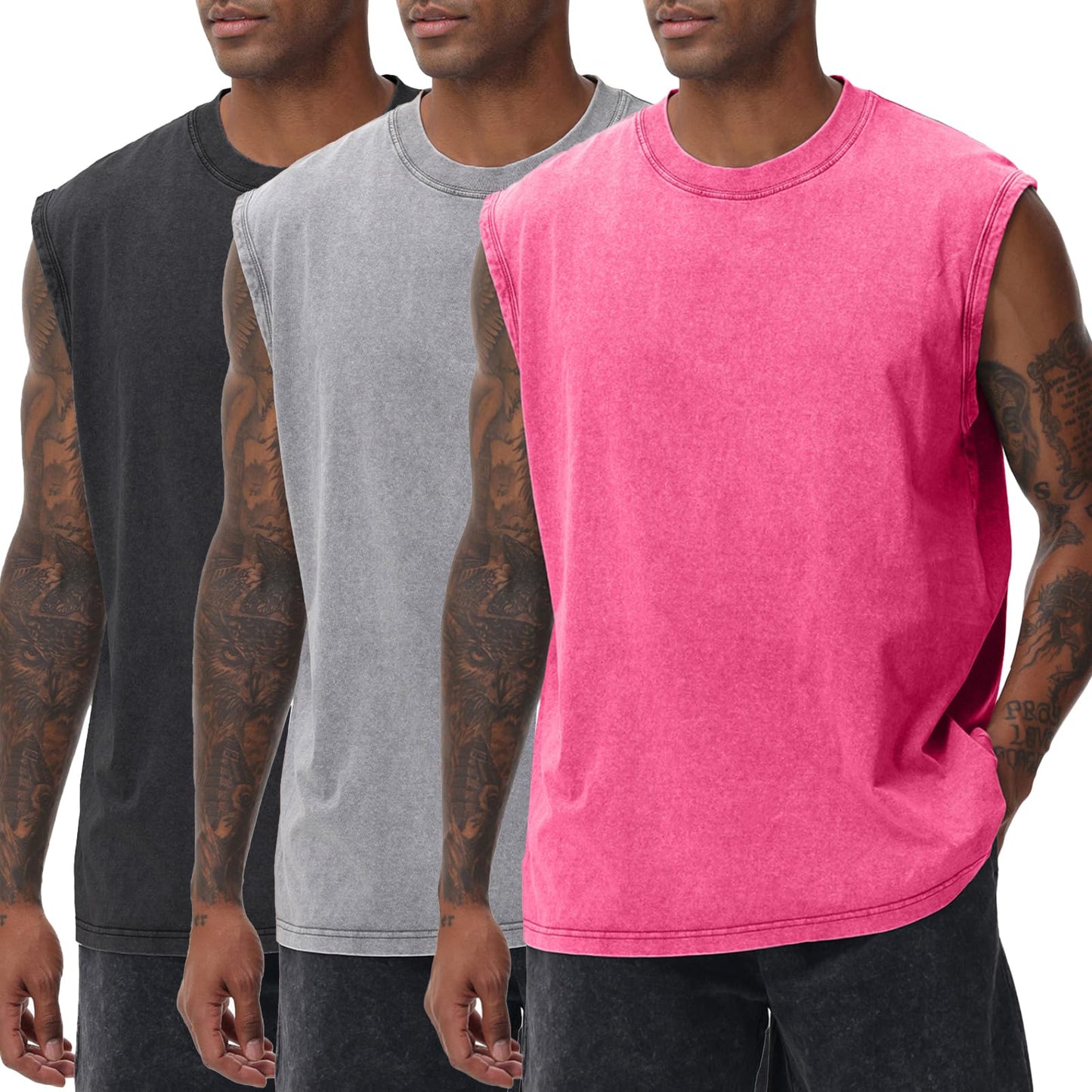 SnowElve 3 Pack Mens Workout Tank Tops Sleeveless Tee Shirts Men Muscle Shirt Gym Acid Wash T Shirts Running Beach Loose Fit Tee(PKGYBK,S)