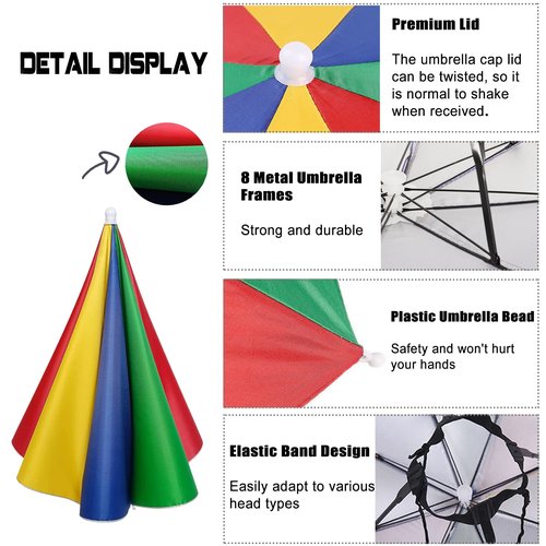MUFEKUM 4 Pack Rainbow Umbrella Hats, 20.5in Hands-Free Kids' Head Umbrellas, Folding Waterproof Umbrella Caps for Outdoor Party, Fishing, Sun, Rain, Beach, Golf, Hiking