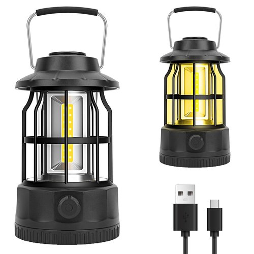 Camping Lantern Rechargeable USB Powered, Stepless Dimmer, Metal Retro Camping Light Waterproof Hanging LED Vintage Tent Lamp for Outdoor Hiking Fishing Emergency (Black)