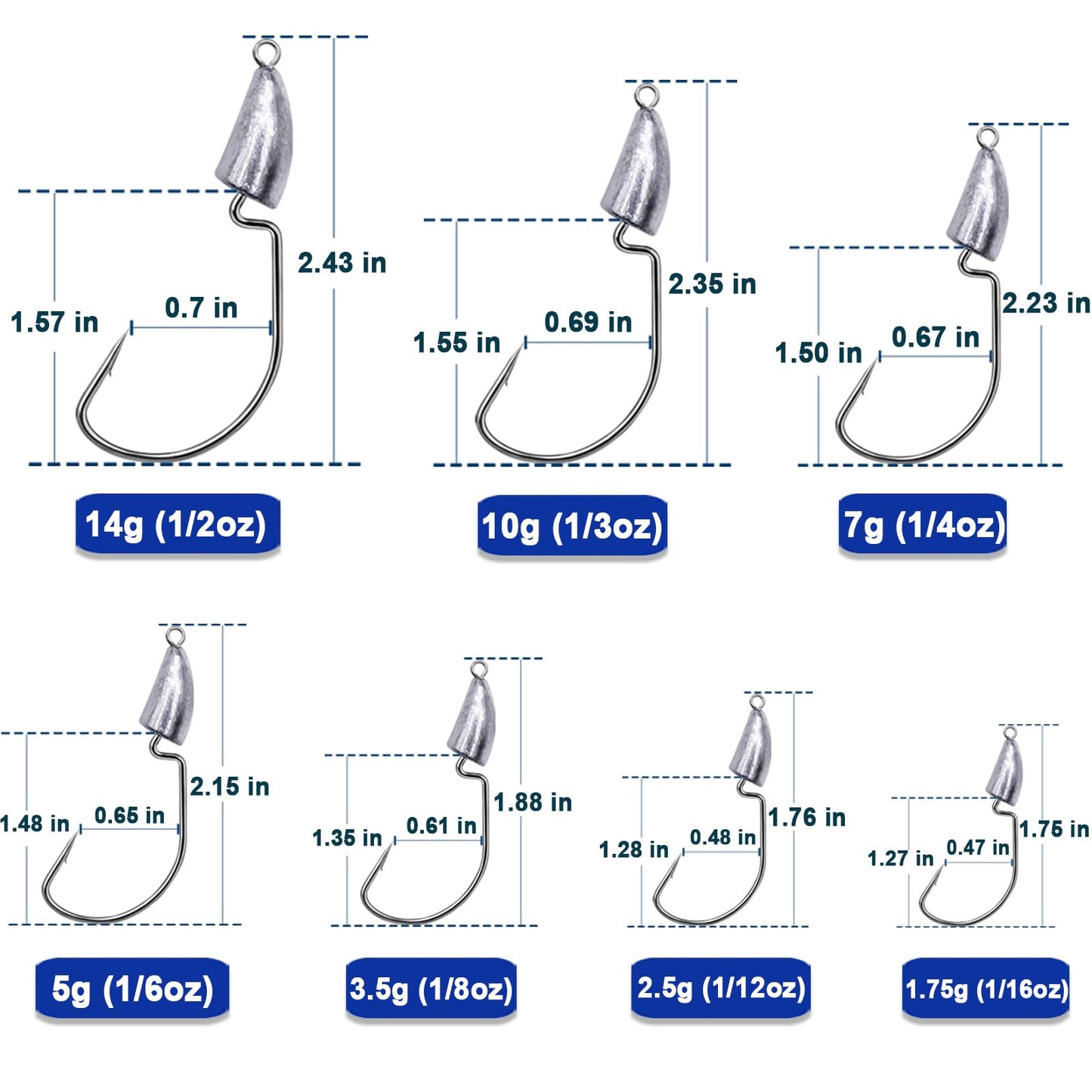 FishTrip Bullet Jig Head Weighted Hooks,10pcs Texas Rigs EWG Hooks for Bass Fishing Saltwater 1/16 oz