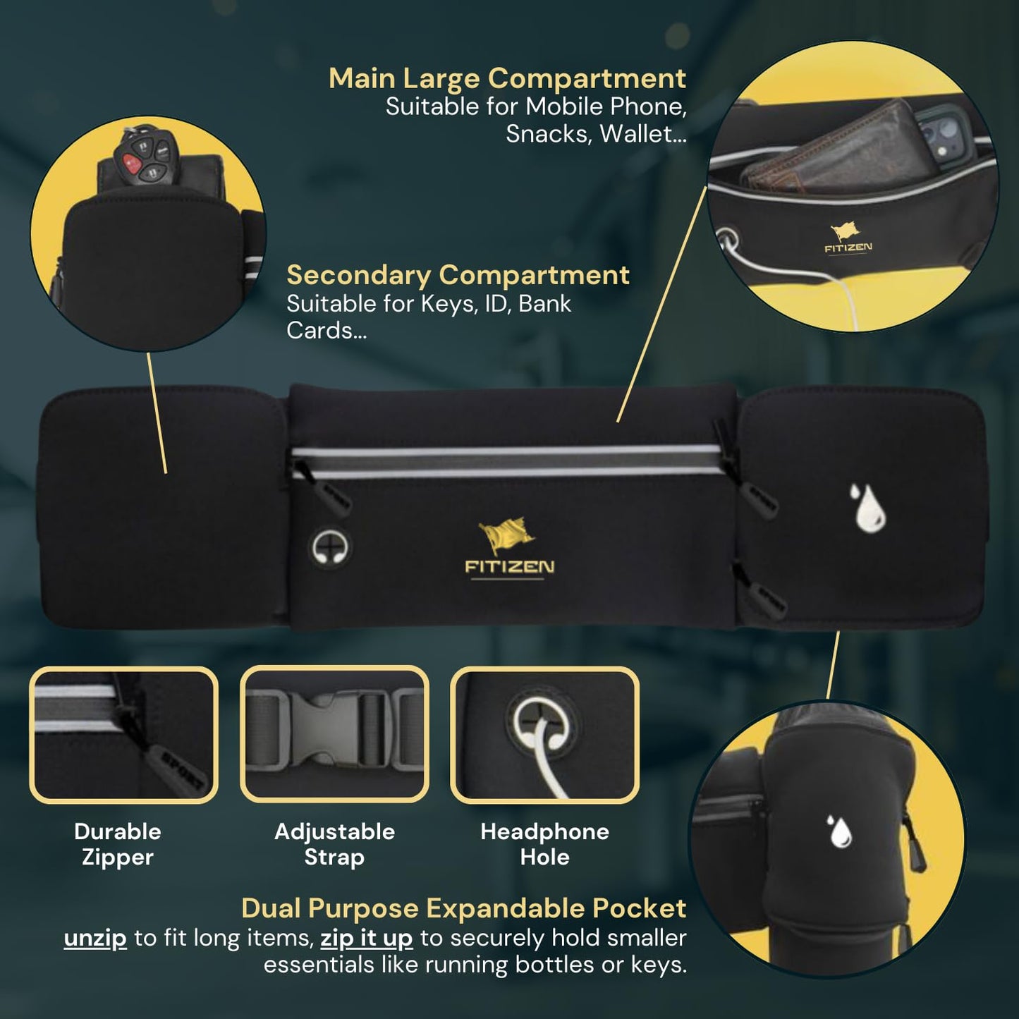 Fitizen Fanny Pack - 3 Pockets - Up To 36 In Waist - Slim Walking Belt For Men & Women Hiking Cycling Workouts Running & Travel - Reflective Pocket & Phone Belt Holder for the Fit Citizen By Fitnation