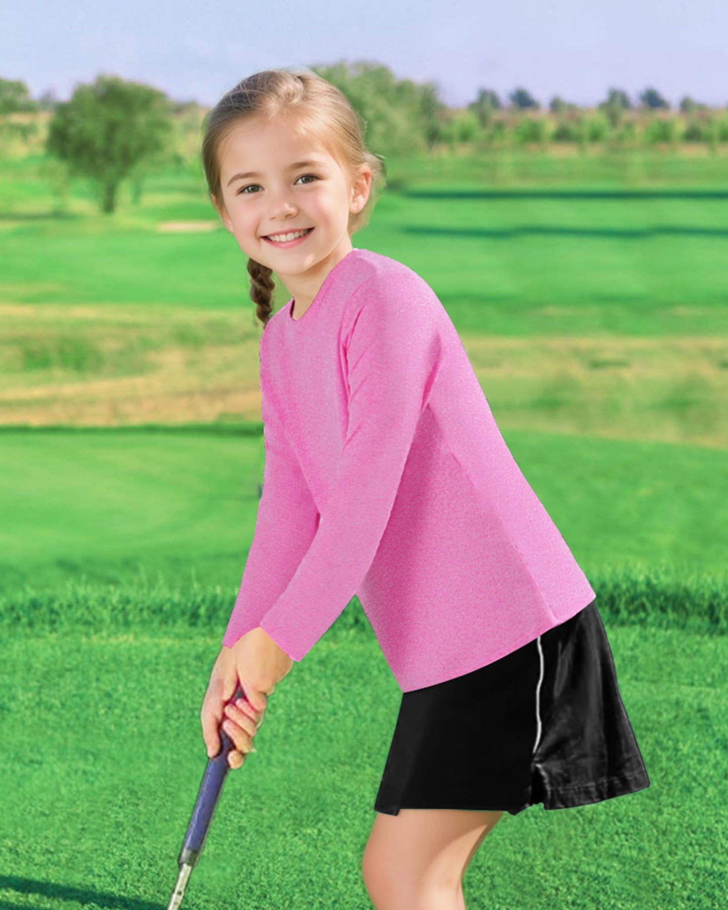 Auranso Girls Long Sleeve Shirts 3 Pack Dry Fit Athletic Tops Active Shirts for Girls Rose Pink-Light Grey-Light Blue 7-8 Years