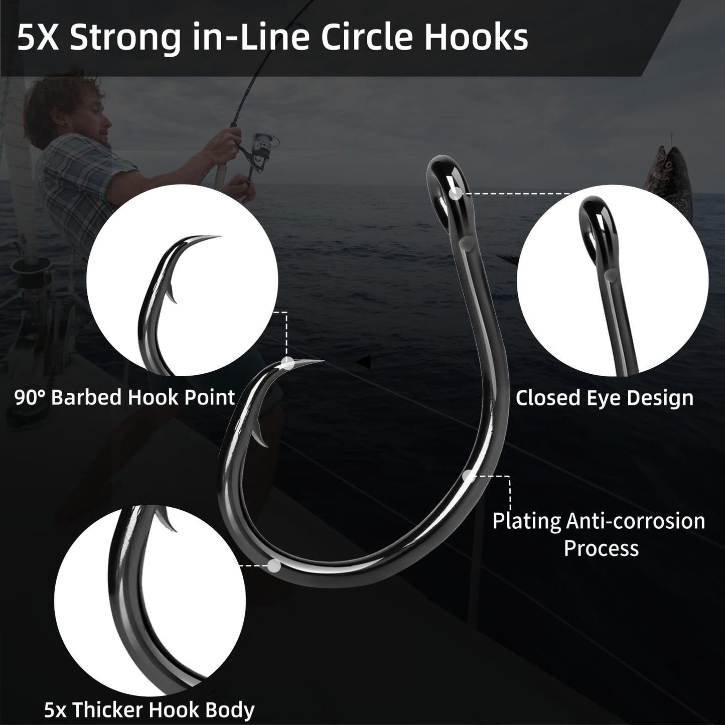 FishTrip Circle Hooks Saltwater 25pcs,in-Line Circle Fishing Hooks 5X Strong for Catfish,Black/High Carbon Steel/Non-Offset/Closed Eye/Wide Gap for Striped Bass Salmon (Size 2/0)