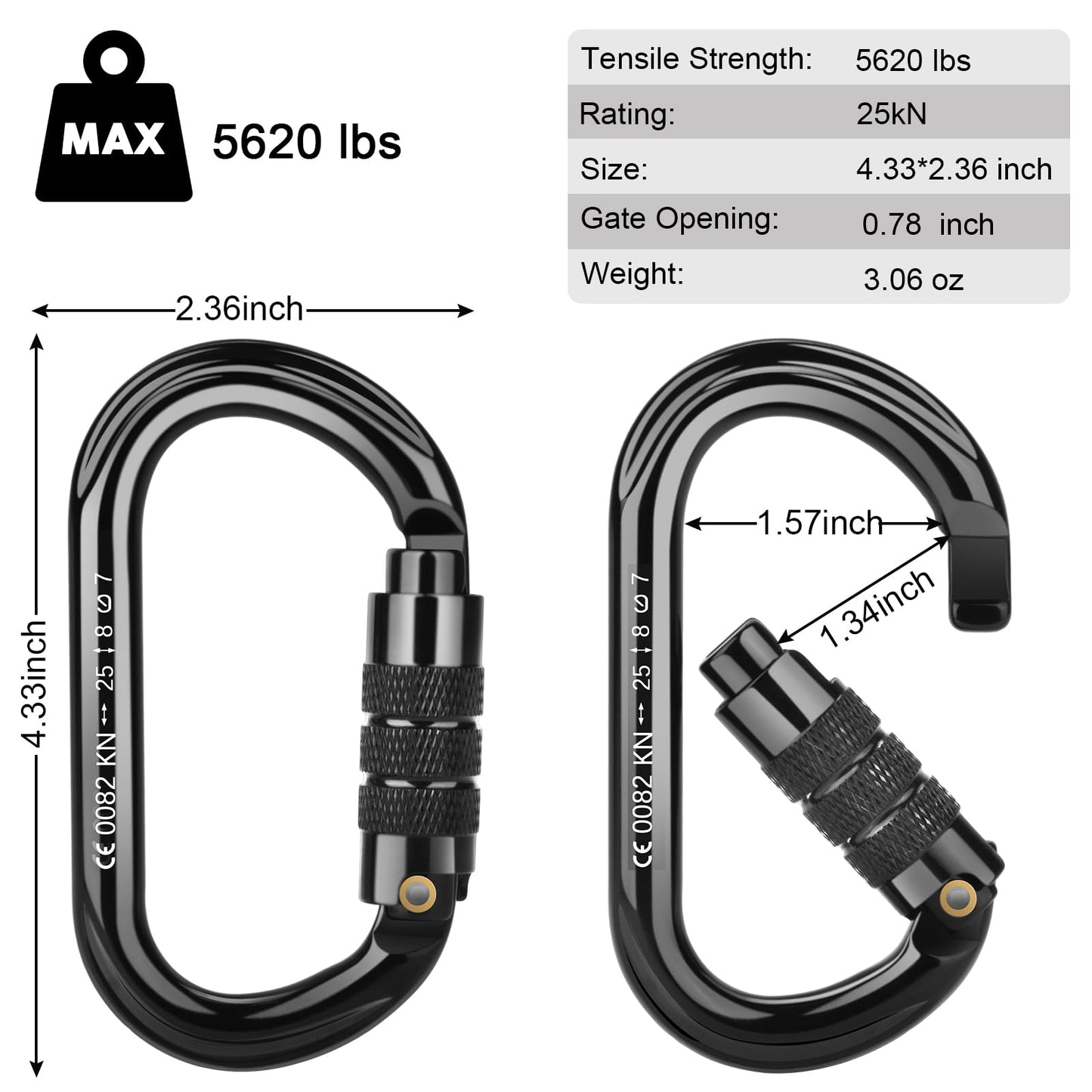FVW CE Certified Auto Locking Climbing Carabiners, Professional 25KN (5620 lbs) Heavy Duty Caribeaners for Rappelling Swing Rescue & Gym etc, Large D-Shaped Carabiners, 5 Pack