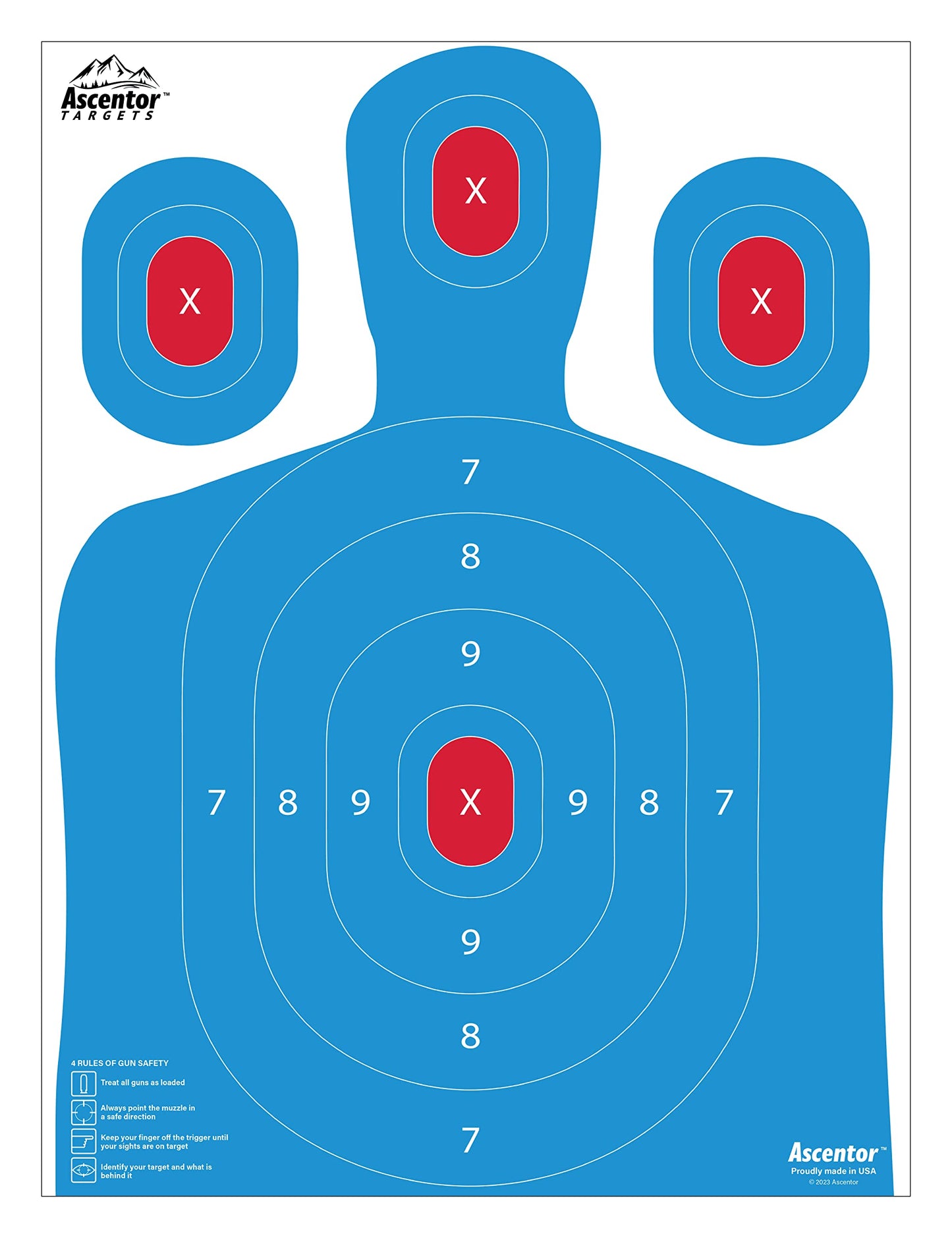Ascentor Silhouette Shooting Target - Large Size 18 x 24 - Multiple Aiming Zones - Blue - Pack of 50
