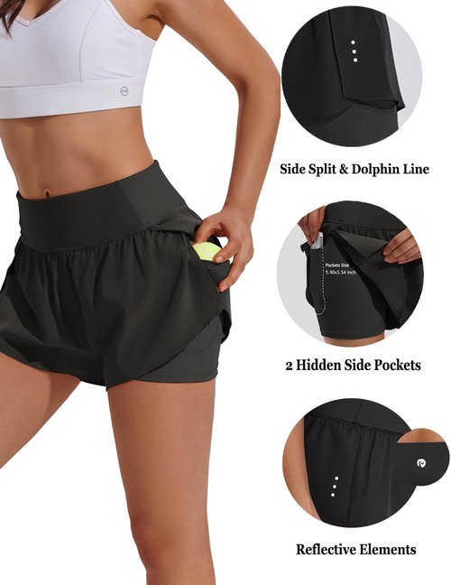 PINSPARK Womens Athletic Shorts with Biker Short Liner Breathable Women's 2 in 1 Running Shorts with Phone Pocket Black S