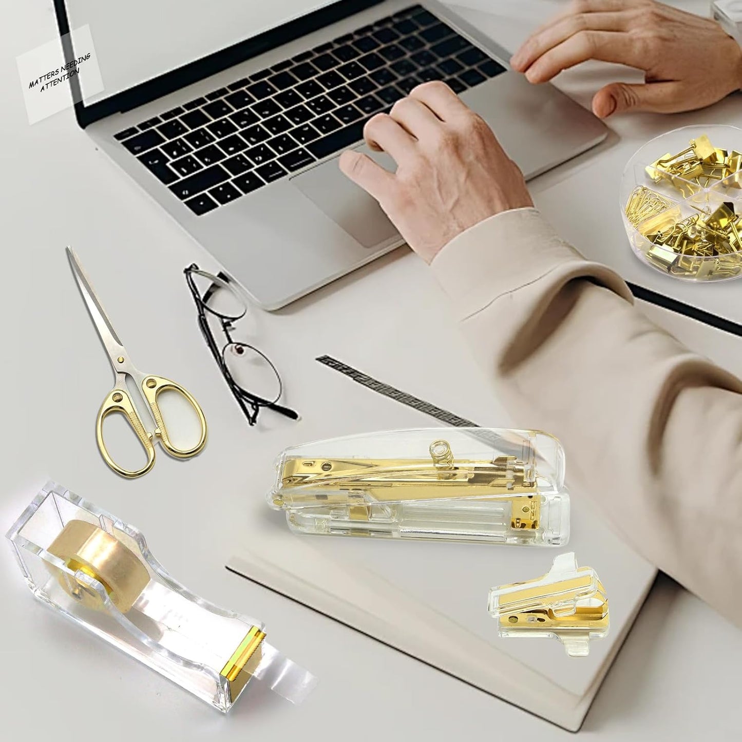 White Office Supplies, UPIHO White Desk Accessories, Stapler and Tape Dispenser Set for Women with Stapler,Tape Dispenser, Staple Remover, Staples,Scissor and Tabs for Students Office Clerks