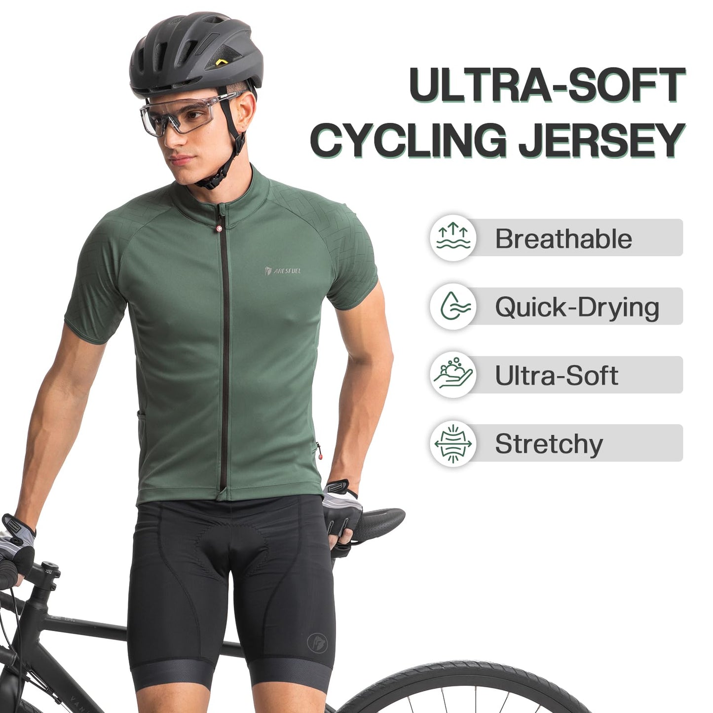 ARESFUEL Ultra-Soft 6 Pockets Cycling Jersey Men Short Sleeves Road Bike Shirts Biking Bicycle Mountain Bike Jersey Army Green X-Large