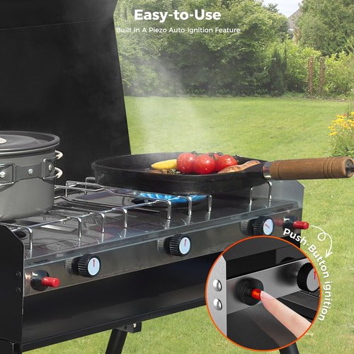 Camplux Propane Camping Stove 2 Burners & 1 Grill, Portable Outdoor Gas Stove, Auto-Ignition Camping Stove with Regulator, Total Power at 15,000 BTU