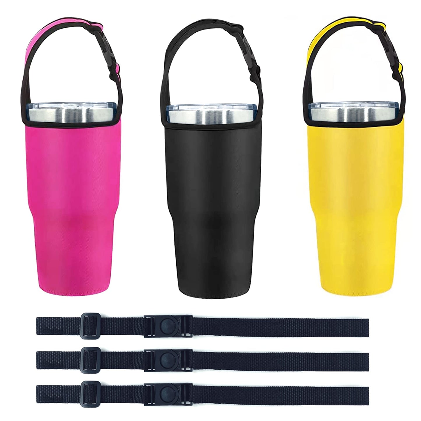 AICMEI 3 Pack 30oz Tumbler Carrier Holder with Shoulder Strap, Neoprene Insulator Cup Sleeve, Reusable, Adjustable, Interchangeable Straps - Pink, Black, Yellow
