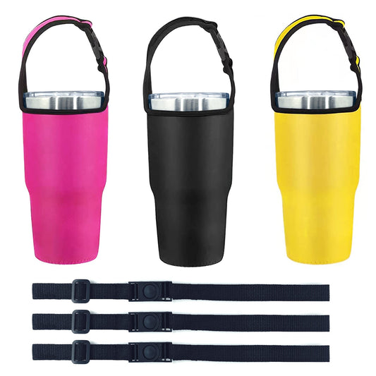 AICMEI 3 Pack 30oz Tumbler Carrier Holder with Shoulder Strap, Neoprene Insulator Cup Sleeve, Reusable, Adjustable, Interchangeable Straps - Pink, Black, Yellow